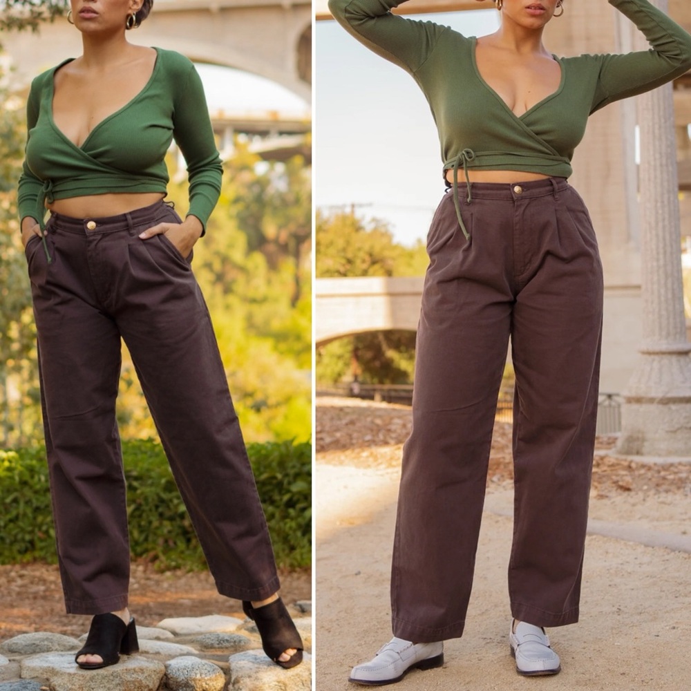 Big Bud Press Trousers Pant High Wide Leg Brown Pleated Cotton Twill Plus 5XL